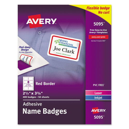 Avery Flexible Adhesive Name Badge Labels, 3.38 x 2.33, WhiteRed Border, 400Box (AVE5095)