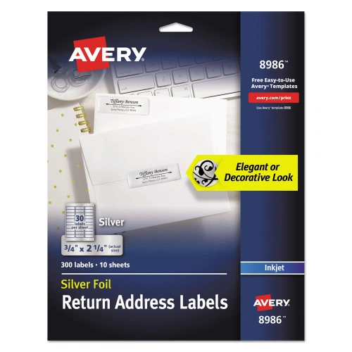 Avery Foil Mailing Labels, Inkjet Printers, 0.75 x 2.25, Silver, 30Sheet, 10 SheetsPack (AVE8986)