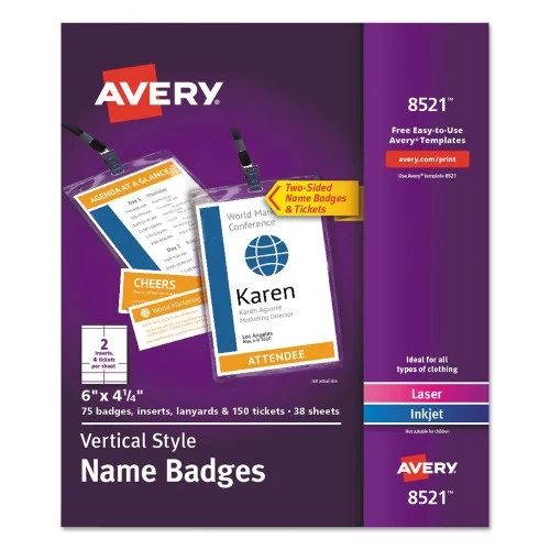 Avery Lanyard-Style Badge Holder wLaserInkjet Inserts, Top Load, 4.25 x 6, WE, 75PK (AVE8521)