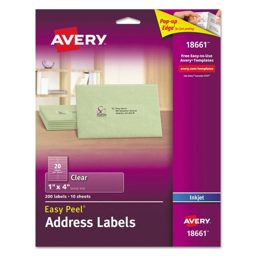 Avery Matte Clear Easy Peel Mailing Labels w Sure Feed Technology, Inkjet Printers, 1 x 4, Clear, 20Sheet, 10 SheetsPack (AVE18661)