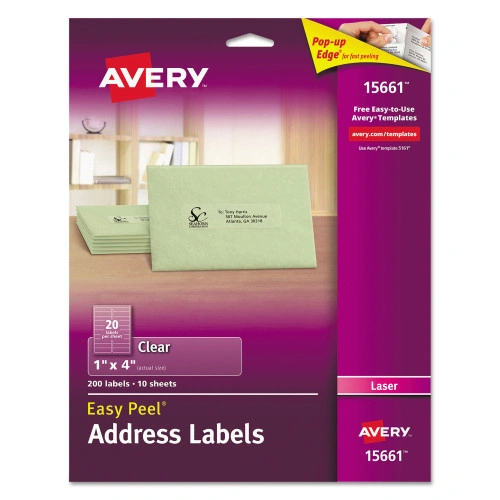 Avery Matte Clear Easy Peel Mailing Labels w Sure Feed Technology, Laser Printers, 1 x 4, Clear, 20Sheet, 10 SheetsPack (AVE15661)