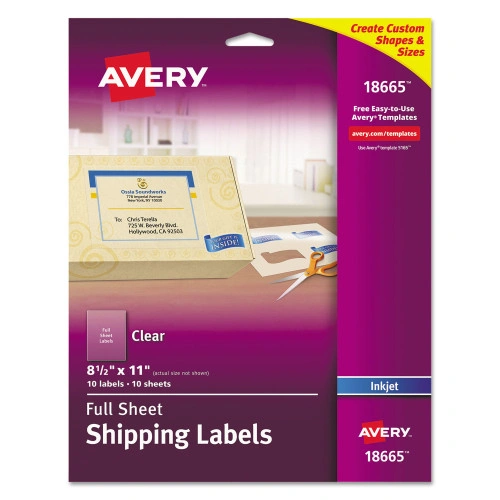 Avery Matte Clear Shipping Labels, Inkjet Printers, 8.5 x 11, Clear, 10/Pack (AVE18665)