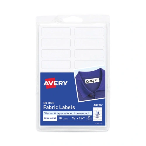 Avery No-Iron Fabric Labels, 0.5 x 1.75, White, 18Sheet, 3 SheetsPack (AVE40720)