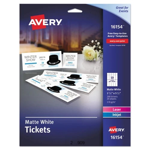 Avery Printable Tickets wTear-Away Stubs, 97 Bright, 65 lb Cover Weight, 8.5 x 11, White, 10 TicketsSheet, 20 SheetsPack (AVE16154)