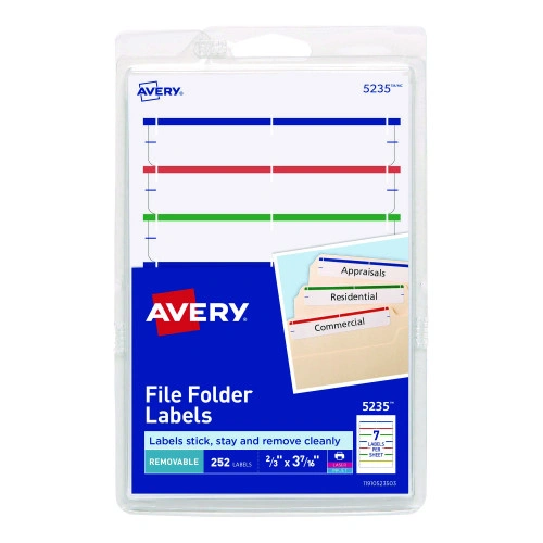 Avery Removable File Folder Labels with Sure Feed Technology, 0.66 x 3.44, White, 7Sheet, 36 SheetsPack (AVE5235)