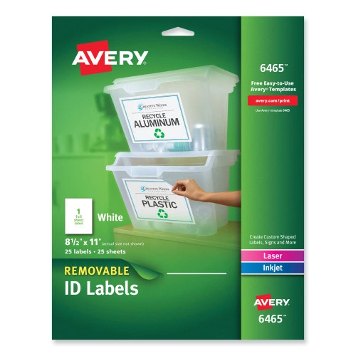 Avery Removable Multi-Use Labels, InkjetLaser Printers, 8.5 x 11, White, 25Pack (AVE6465)