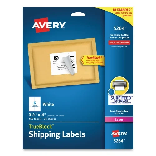 Avery Shipping Labels w TrueBlock Technology, Laser Printers, 3.33 x 4, White, 6Sheet, 25 SheetsPack (AVE5264) (4)