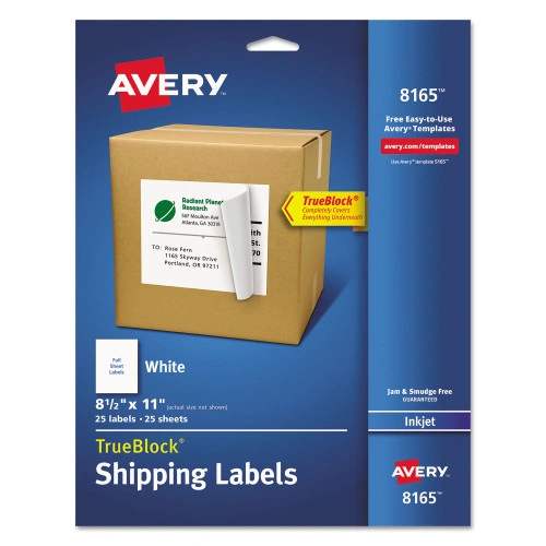 Avery Shipping Labels with TrueBlock Technology, Inkjet Printers, 8.5 x 11, White, 25Pack (AVE8165)