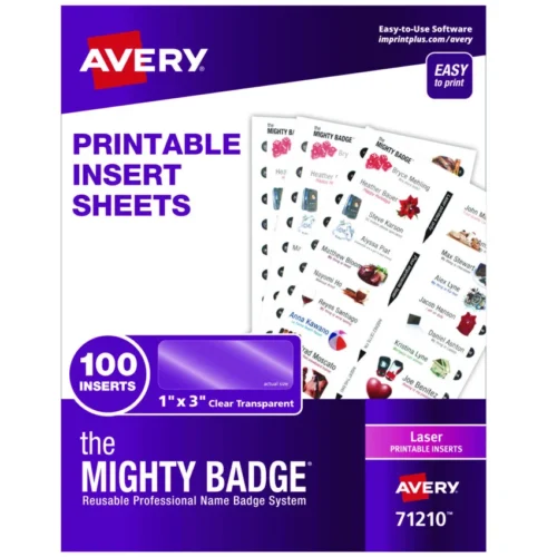 Avery The Mighty Badge Name Badge Inserts, 1 x 3, Clear, Laser, 20Sheet, 5 SheetsPack (AVE71210)