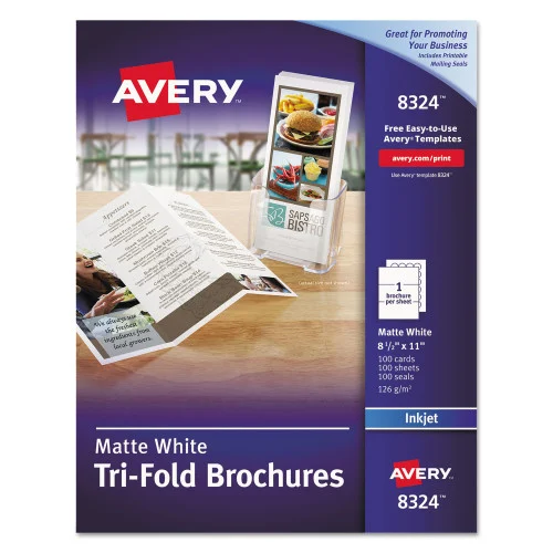 Avery Tri-Fold Brochures, 92 Bright, 85 lb Text Weight, 8.5 x 11, Matte White, 100Pack (AVE8324)