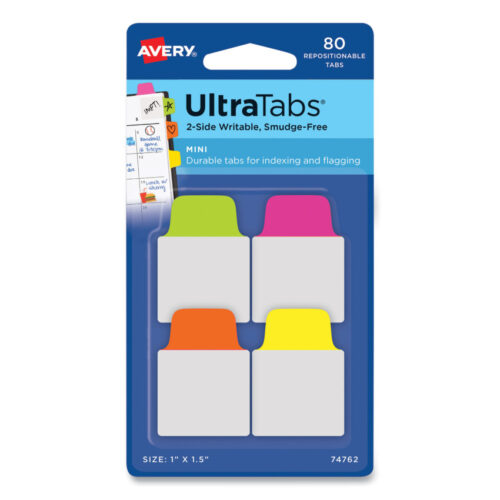 Avery Ultra Tabs Repositionable Tabs, Mini Tabs 1 x 1.5, 15-Cut, Assorted Neon Colors, 80Pack (AVE74762)