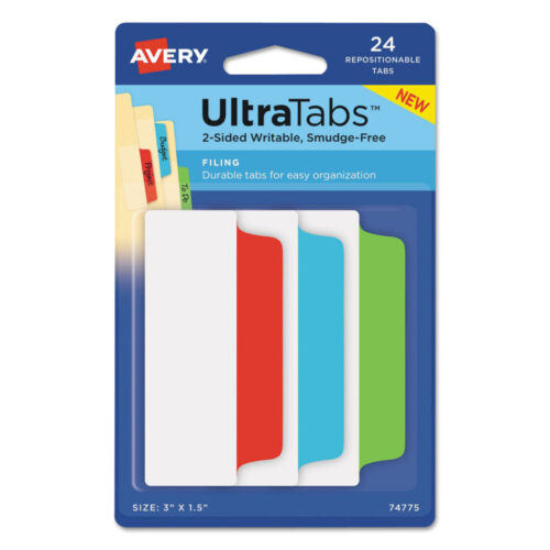 Avery Ultra Tabs Repositionable Tabs, Wide and Slim 3 x 1.5, 13-Cut, Assorted Colors, 24Pack (AVE74775)