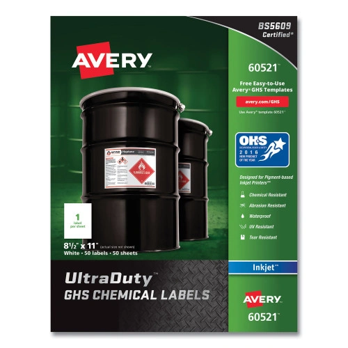 Avery UltraDuty GHS Chemical Waterproof and UV Resistant Labels, 8.5 x 11, White, 50Pack (AVE60521)