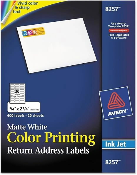 Avery Vibrant Color Printing Mailing Labels, Inkjet Printers, 0.75 x 2.25, Matte White, 30Sheet, 20 SheetsPack (AVE8257)