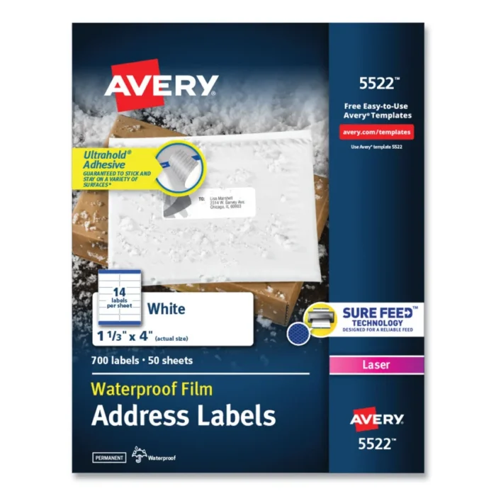 Avery Waterproof Address Labels with TrueBlock and Sure Feed, Laser Printers, 1.33 x 4, White, 14Sheet, 50 SheetsPack (AVE5522)