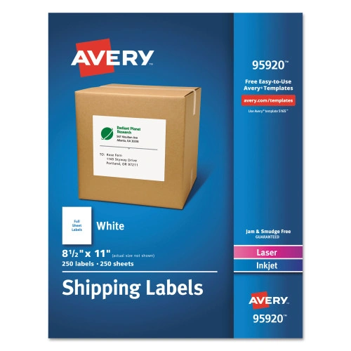 Avery White Shipping Labels-Bulk Packs, InkjetLaser Printers, 8.5 x 11, White, 250Box (AVE95920)