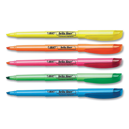 BIC Brite Liner Highlighter, Assorted Ink Colors, Chisel Tip, Assorted Barrel Colors, Dozen (BIC30221)