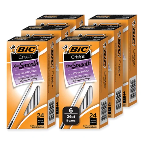 BIC Cristal Xtra Smooth Ballpoint Pen, Stick, Medium 1 mm, Black Ink, Clear Barrel, 24Box, 6 BoxesPack (BICMS144EBLK)