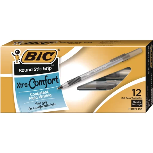 BIC Round Stic Grip Xtra Comfort Ballpoint Pen, Stick, Fine 0.8 mm, Black Ink, GrayBlack Barrel, Dozen (BICGSFG11BK)