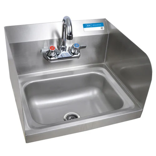 BK Resources Stainless Steel Hand Sink with Side Splashes and Faucet, 14 l x 10 w x 5 h (BKEHSW1410SSP)