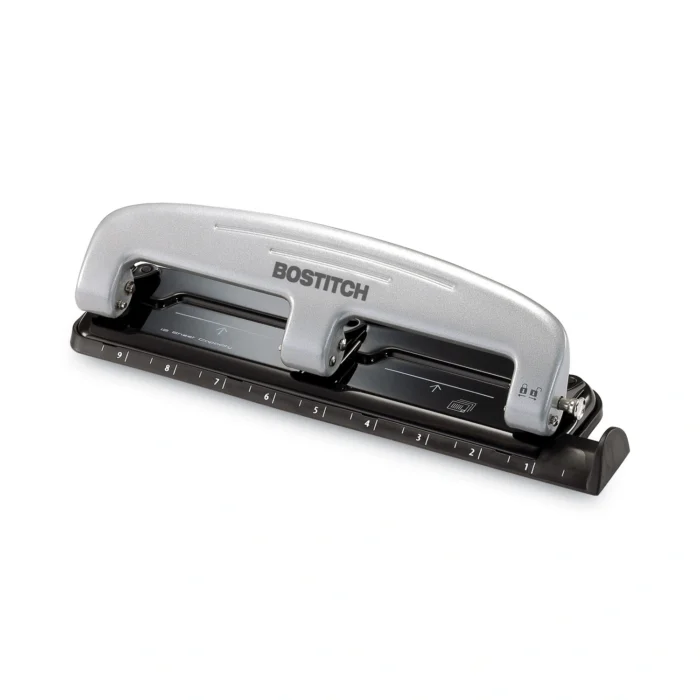 Bostitch 12-Sheet EZ Squeeze Three-Hole Punch, 932 Holes, BlackSilver (ACI2101)