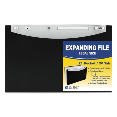 C-Line 21-Pocket Stand-Up Design Expanding File, 12 Expansion, 21 Sections, 15-Cut Tabs, Legal Size, Black (CLI48221)