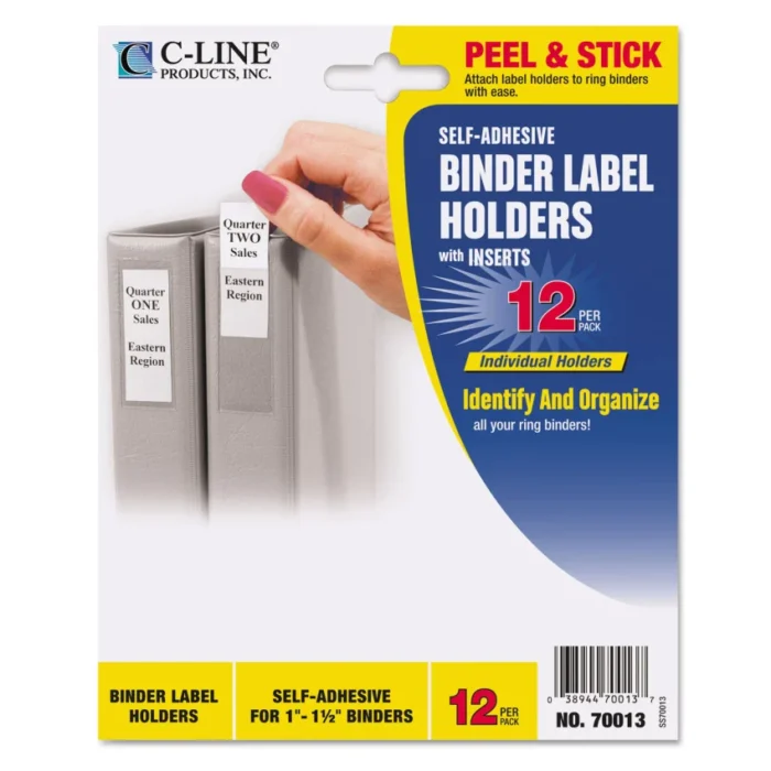 C-Line Self-Adhesive Ring Binder Label Holders, Top Load, 1 x 2,81, Clear, 12Pack (CLI70013)