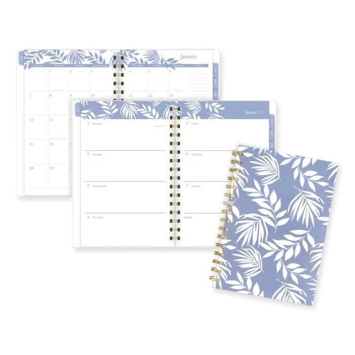 Cambridge Elena WeeklyMonthly Planner, Palm Leaves Artwork, 8.5 x 6.38, BlueWhite Cover, 12-Month (Jan to Dec) 2024 (AAG1680200)