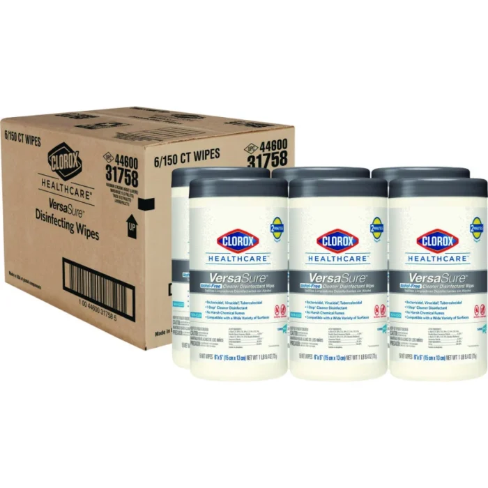 Clorox Healthcare VersaSure Cleaner Disinfectant Wipes, 1-Ply, 6.75 x 8, Fragranced, White, 150Canister, 6 CanistersCarton (CLO31758)