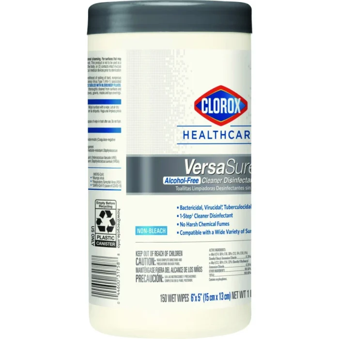Clorox Healthcare VersaSure Cleaner Disinfectant Wipes, 1-Ply, 6.75 x 8, Fragranced, White, 150Canister, 6 CanistersCarton (CLO31758)