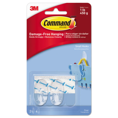 Command Clear Hooks and Strips, Small, Plastic, 1 lb Capacity, 2 Hooks and 4 StripsPack (MMM17092CLRES)