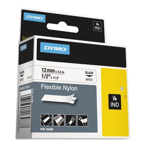 DYMO Rhino Flexible Nylon Industrial Label Tape, 0.5 x 11.5 ft, WhiteBlack Print (DYM18488)