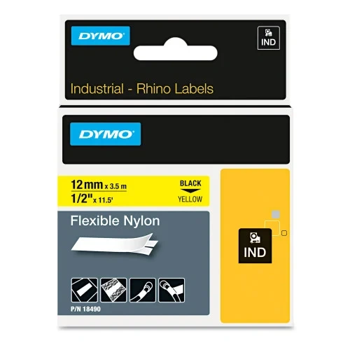 DYMO Rhino Flexible Nylon Industrial Label Tape, 0.5 x 11.5 ft, YellowBlack Print (DYM18490)