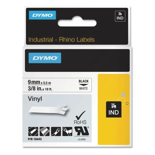 DYMO Rhino Permanent Vinyl Industrial Label Tape, 0.37 x 18 ft, WhiteBlack Print (DYM18443)