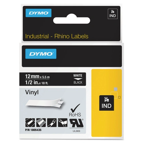 DYMO Rhino Permanent Vinyl Industrial Label Tape, 0.5 x 18 ft, BlackWhite Print (DYM1805435)