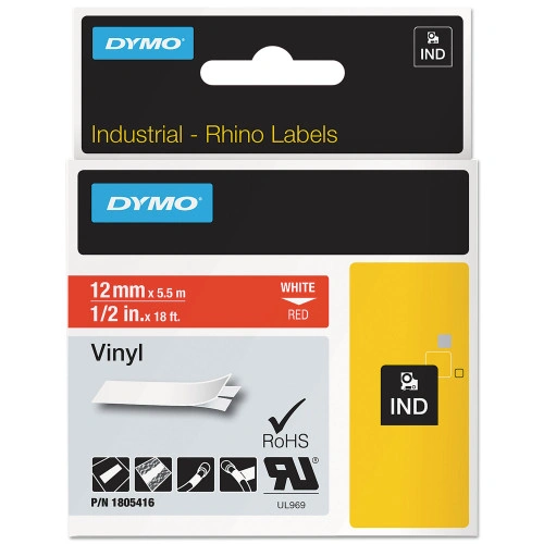 DYMO Rhino Permanent Vinyl Industrial Label Tape, 0.5 x 18 ft, RedWhite Print (DYM1805416)