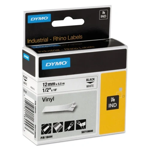 DYMO Rhino Permanent Vinyl Industrial Label Tape, 0.5 x 18 ft, WhiteBlack Print (DYM18444)