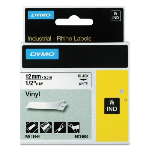 DYMO Rhino Permanent Vinyl Industrial Label Tape, 0.5 x 18 ft, WhiteBlack Print (DYM18444)