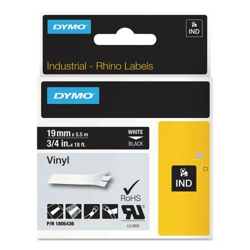 DYMO Rhino Permanent Vinyl Industrial Label Tape, 0.75 x 18 ft, BlackWhite Print (DYM1805436)