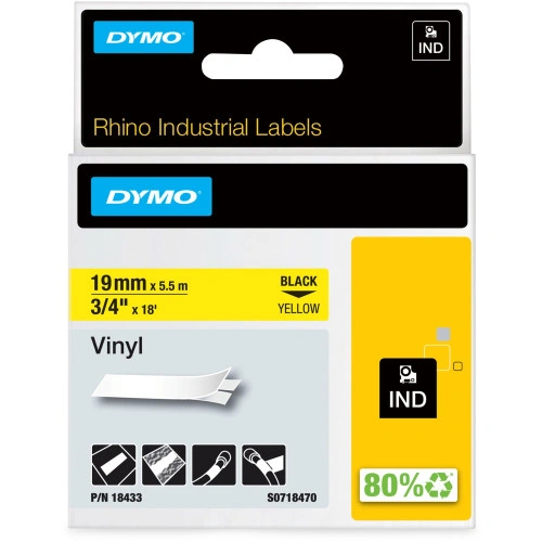 DYMO Rhino Permanent Vinyl Industrial Label Tape, 0.75 x 18 ft, YellowBlack Print (DYM18433)