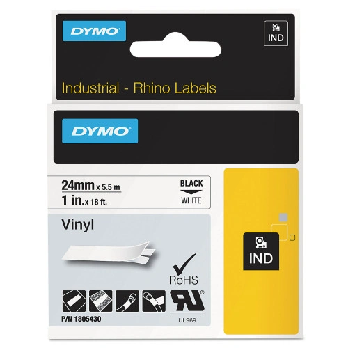 DYMO Rhino Permanent Vinyl Industrial Label Tape, 1 x 18 ft, WhiteBlack Print (DYM1805430)