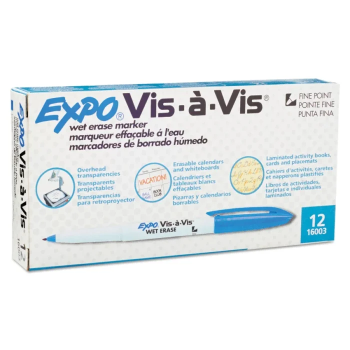 EXPO Vis-a-Vis Wet Erase Marker, Fine Bullet Tip, Blue, Dozen (SAN16003)
