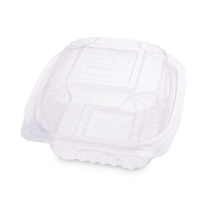 Eco-Products Renewable and Compostable Clear Clamshell Hinged Food Containers, 6 x 6 x 3, Plastic, 80Pack, 3 PacksCarton (ECOEPLC6)