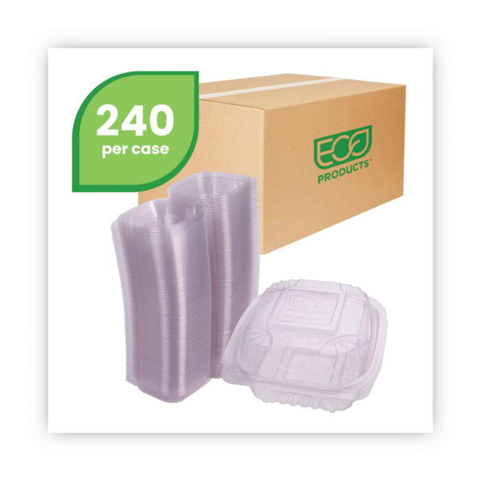 Eco-Products Renewable and Compostable Clear Clamshell Hinged Food Containers, 6 x 6 x 3, Plastic, 80Pack, 3 PacksCarton (ECOEPLC6)