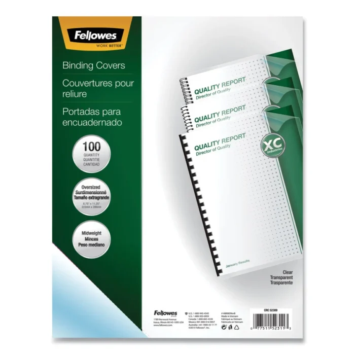 Fellowes Crystals Transparent Presentation Covers for Binding Systems, Clear, with Round Corners, 11.25 x 8.75, Unpunched, 100Pack (FEL52311)