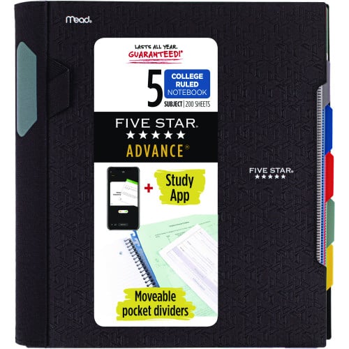 Five Star Advance Wirebound Notebook, Ten Pockets, 5-Subject, MediumCollege Rule, Randomly Assorted Cover Color, (200) 11 x 8.5 Sheets (MEA06326)