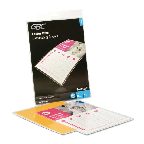 GBC SelfSeal Self-Adhesive Laminating Pouches and Single-Sided Sheets, 3 mil, 9 x 12, Gloss Clear, 10Pack (GBC3747308)