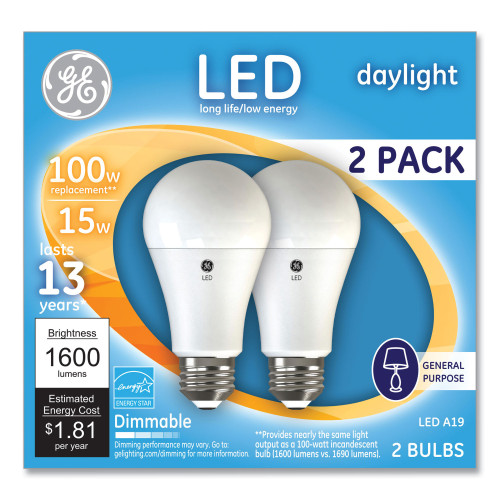 GE 100W LED Bulbs, A19, 15 W, Daylight, 2Pack (GEL93127672)