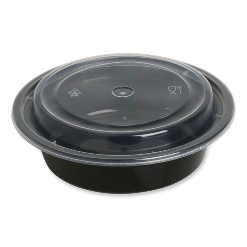 GE Microwavable Food Container with Lid, Round, 16 oz, 6.29 x 6.29 x 1.96, BlackClear, Plastic, 150Carton (GENTORND16)