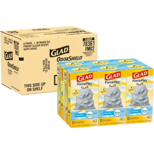 Glad ForceFlex Kitchen Drawstring Trash Bags, 13 gal, Fresh Clean Scent, 24 x 27.38, White, 40 BagsBox, 6 BoxesCarton (CLO78361)